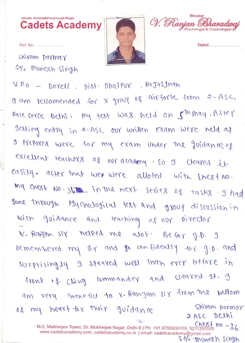 Handwritten letter to Cadets Academy — 2 of 28